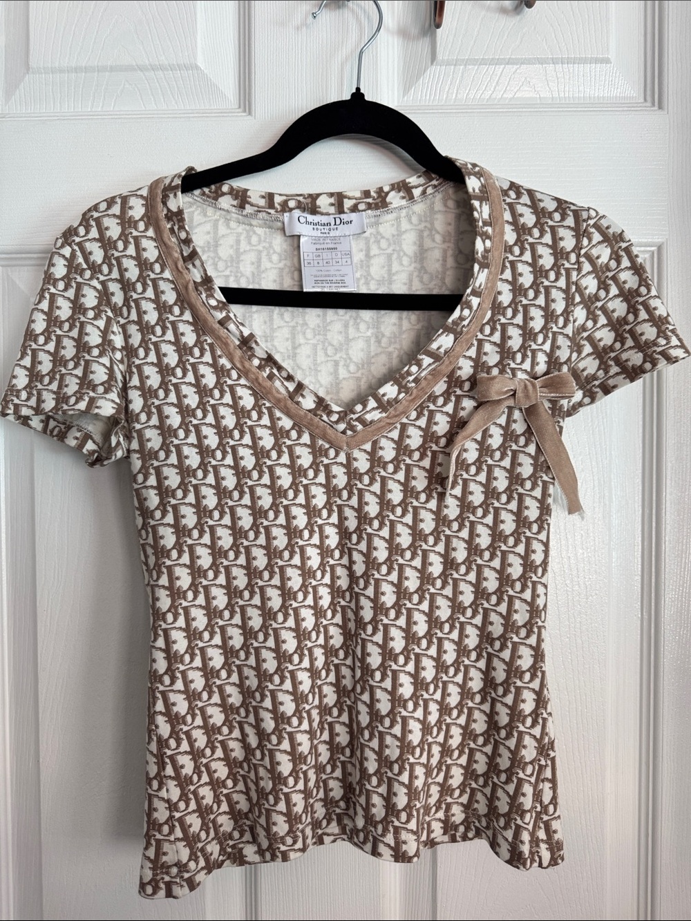 Dior Short Sleeve V-Neck Tee in Cream and Brown Monogram